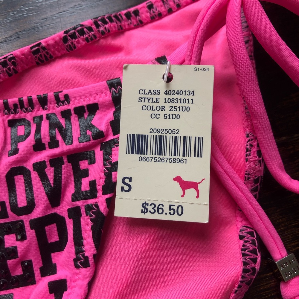PINK Victoria’s Secret Love Pink Print Ruched Rhinestone Bikini Bottom - Picture 8 of 16
